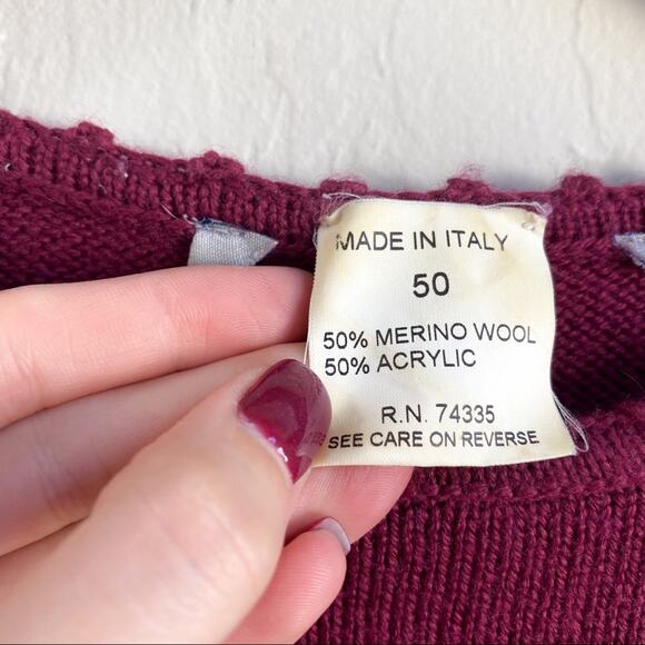 Vintage Made In Italy Merano Wool Maroon Crochet Lace Sweater - Picture 5 of 5